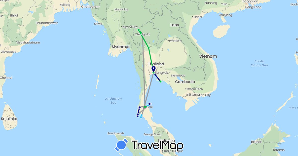 TravelMap itinerary: driving, bus, plane, cycling, boat in Thailand (Asia)